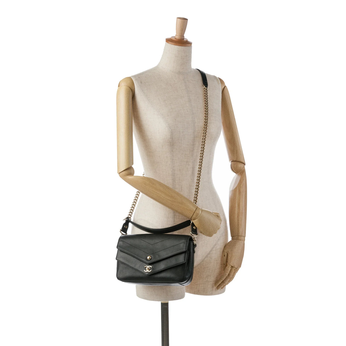 Calf Elaphe Double (Good) Unisex Leather Satchel Pre-Owned skin Chevron Authenticated Flap Black