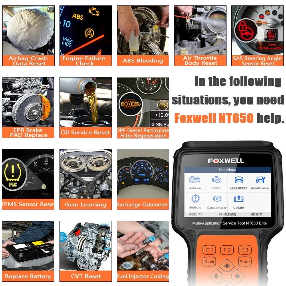 Reset Car FOXWELL NT650 Scanner Registeration II Automotive Oil with Code OBD Battery SAS Reader Light OBD2 ABS EPB Air DPF TPMS TPS Bag EPS Elite
