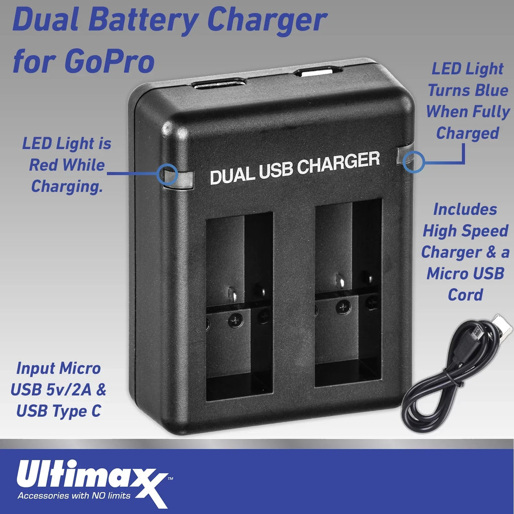 Camera Dual Black More liquid-Resistant Action Much (Hero Charger, - & HERO10 Bundle Replacement 2x Includes: 10) Batteries, Ultimaxx Case USB Essential GoPro