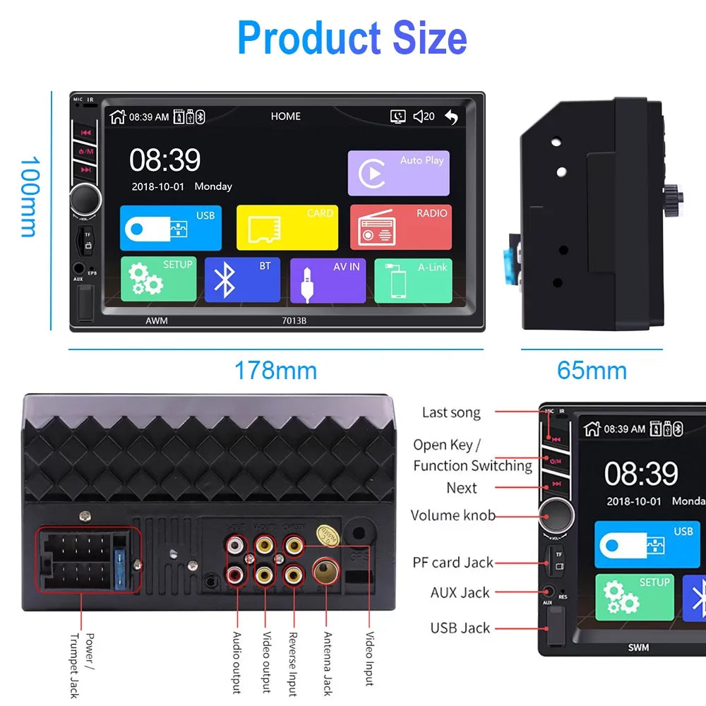 Radio 2 Stereo Bluetooth inch Camera D-play Touch 7 Podofo Car Car 4 MP5 with with Player Din USB Car Screen View Rear LED