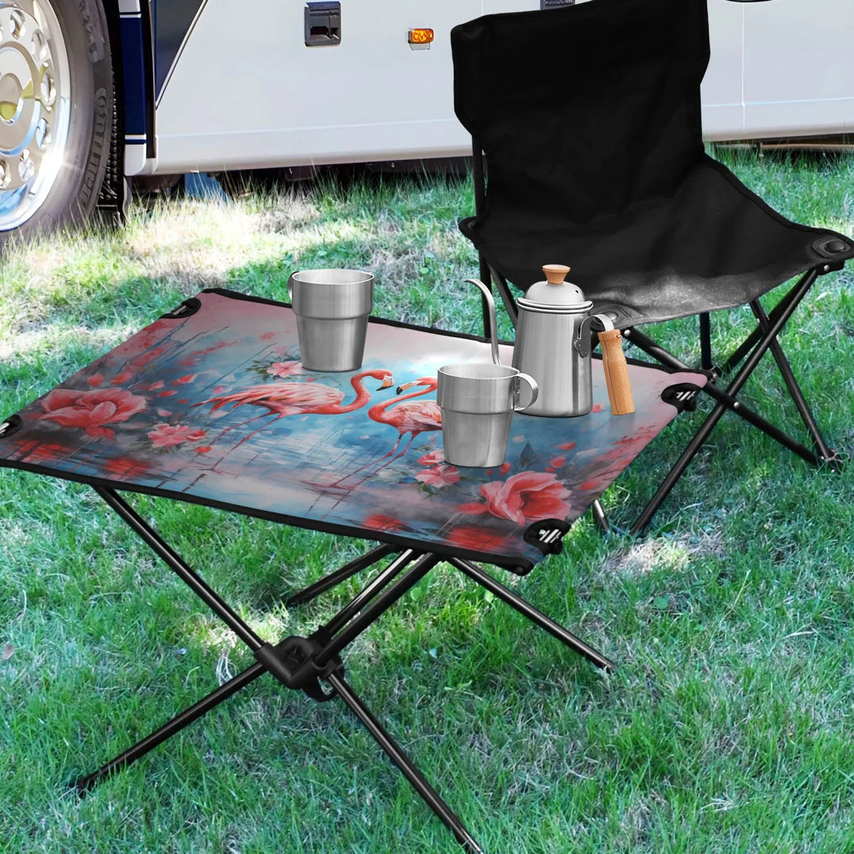 Fishing Table Camping Hiking Flamingos Table for Portable Picnic Flowers Storage with Bag Foldable Beach and Table BBQ exterior Compact