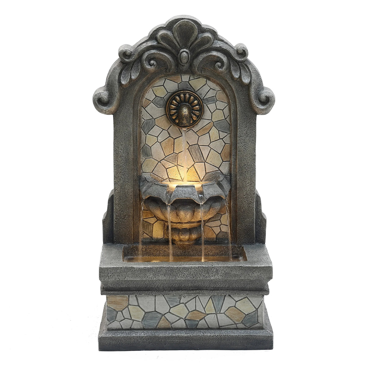 liquid H Lights Mosaic with Fountain Wall LuxenHome Freestanding Resin Gray 27" exterior