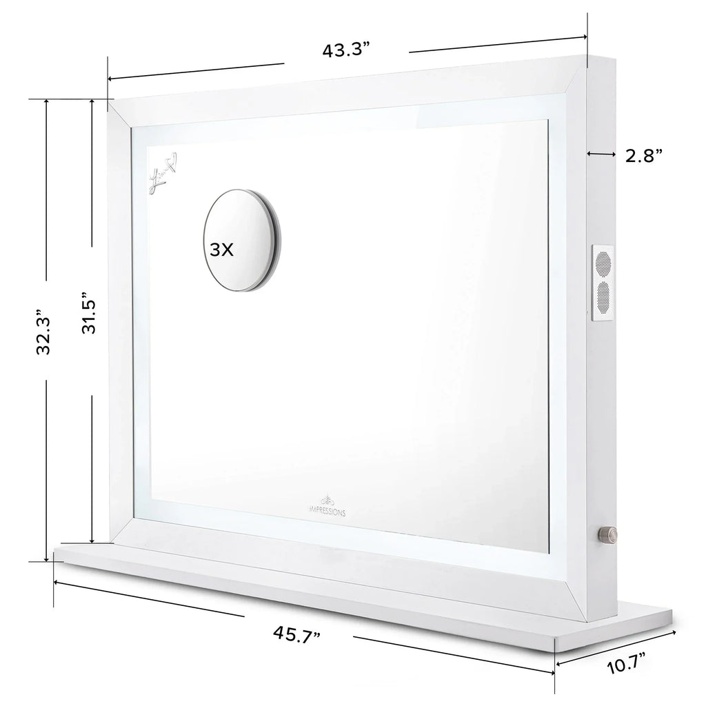 Dimmer Liane and Magnified V. Frame Speakers Vanity Makeup with Metal Desk Mirror with Mirror 3X for Pro Impressions Wall Mirror and Tabletop or Outer Lighted Switch, (White) Mount