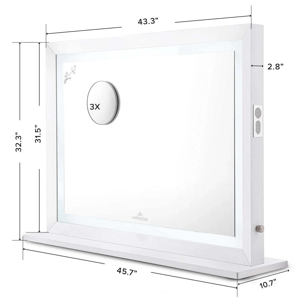 Dimmer Liane and Magnified V. Frame Speakers Vanity Makeup with Metal Desk Mirror with Mirror 3X for Pro Impressions Wall Mirror and Tabletop or Outer Lighted Switch, (White) Mount