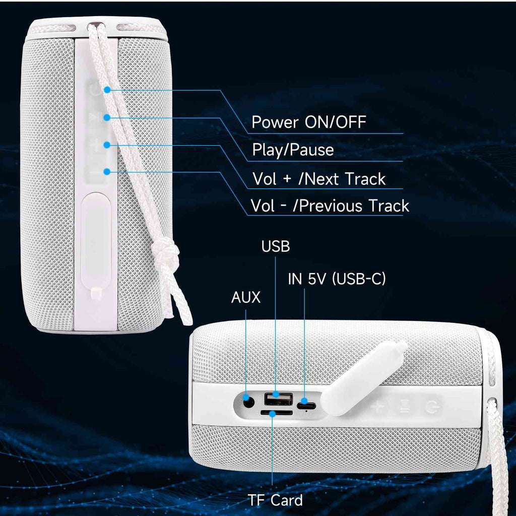 UrbanX Speakers Surround Wireless F62 IPX5 Bass, 360° Sound Waterproof for Bluetooth True Galaxy Portable - Punchy Speaker BT5.3, White Series Pairing, HD with Speaker, Scorpio