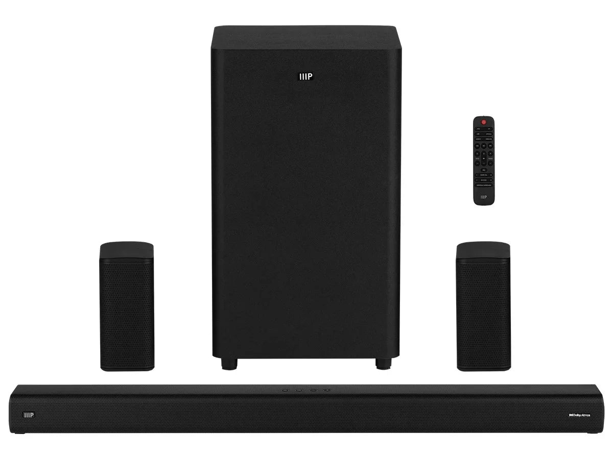 Wireless Wireless 5.1.2 HDMI Inputs, Speakers, Dolby eArc, Remote Soundbar Monoprice Bluetooth, Satellite Atmos Subwoofer with Toslink, Coax, & SB-600