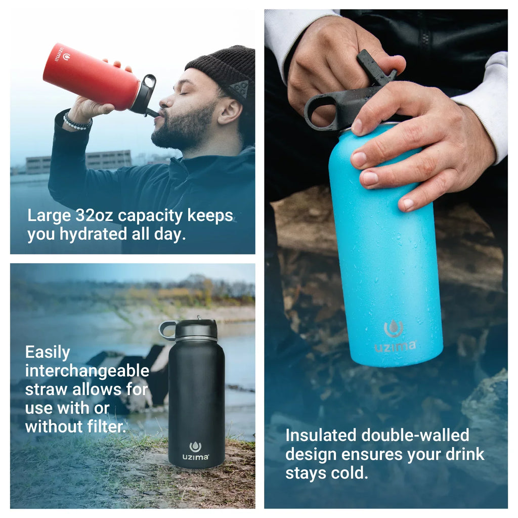 liquid Exterior. Large 32oz Z-Source and Bottle Uzima (Black) Purification Hiking, Camping, with liquid Double-Walled for Travel. on Go. Filtered - Backpacking, Stainless Capacity the Steel