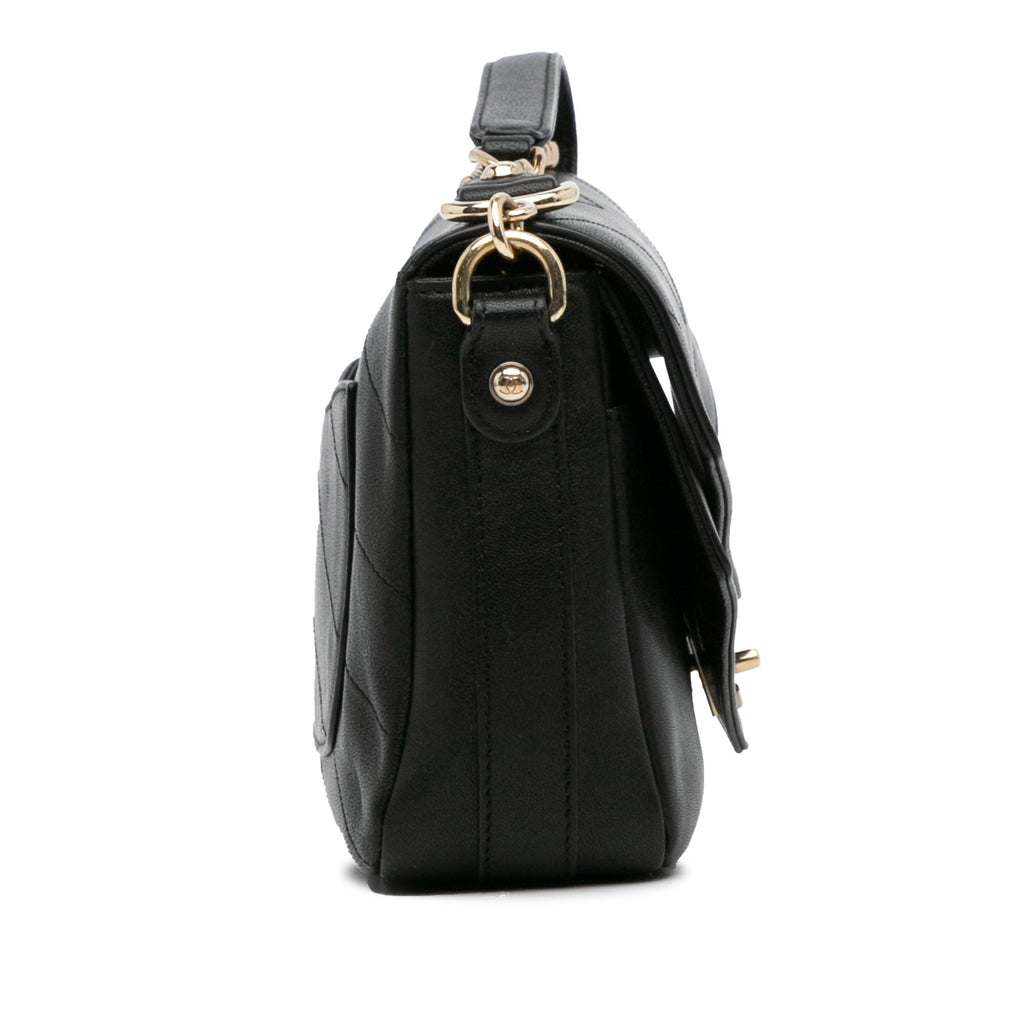 Calf Elaphe Double (Good) Unisex Leather Satchel Pre-Owned skin Chevron Authenticated Flap Black