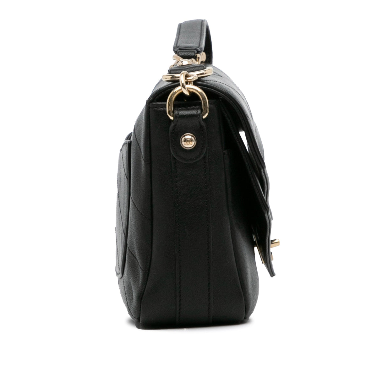 Calf Elaphe Double (Good) Unisex Leather Satchel Pre-Owned skin Chevron Authenticated Flap Black