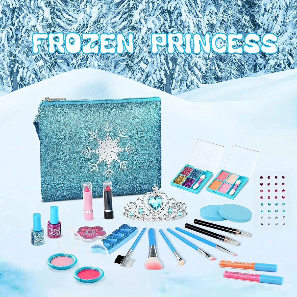 for Washable Pcs Toys Gift Frozen Princess, Makeup for Toddler Set for Real Makeup 24 Years Makeup Kit with Girls 3-12 Girls, Toy Kids Old Safe Makeup Non-Toxic Kit Set (Blue) & Kids Cosmetic Bag,