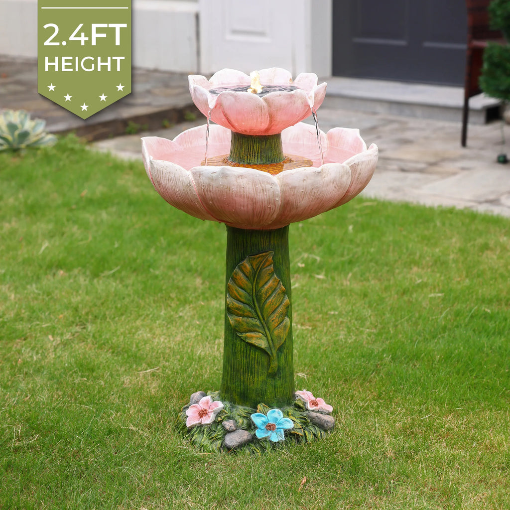 Powered 2-Tier Lights Birdbath Resin Pink LuxenHome Solar Flower Fountain with