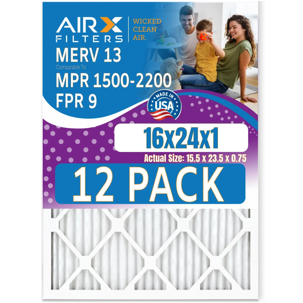 WICKED FILTERS AIR. Air Furnace MPR 9 Pack Filters AIRX by CLEAN Made to USA 16x24x1 Filter & MERV - 13 1500 Comparable - in 12 FPR Rating, 2200 of