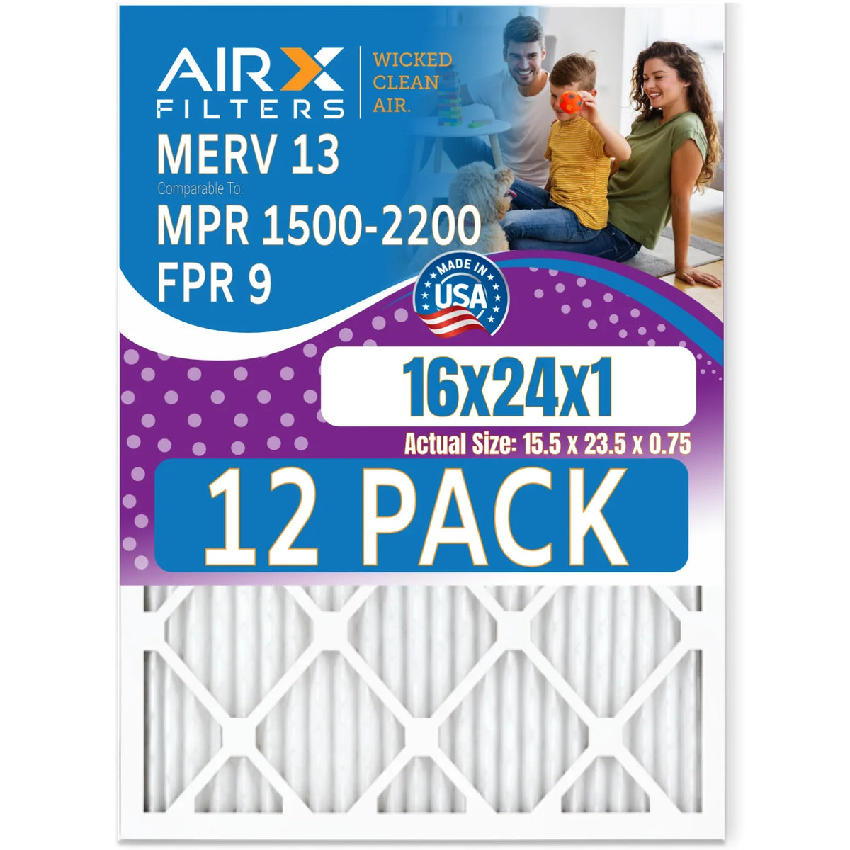 WICKED FILTERS AIR. Air Furnace MPR 9 Pack Filters AIRX by CLEAN Made to USA 16x24x1 Filter & MERV - 13 1500 Comparable - in 12 FPR Rating, 2200 of