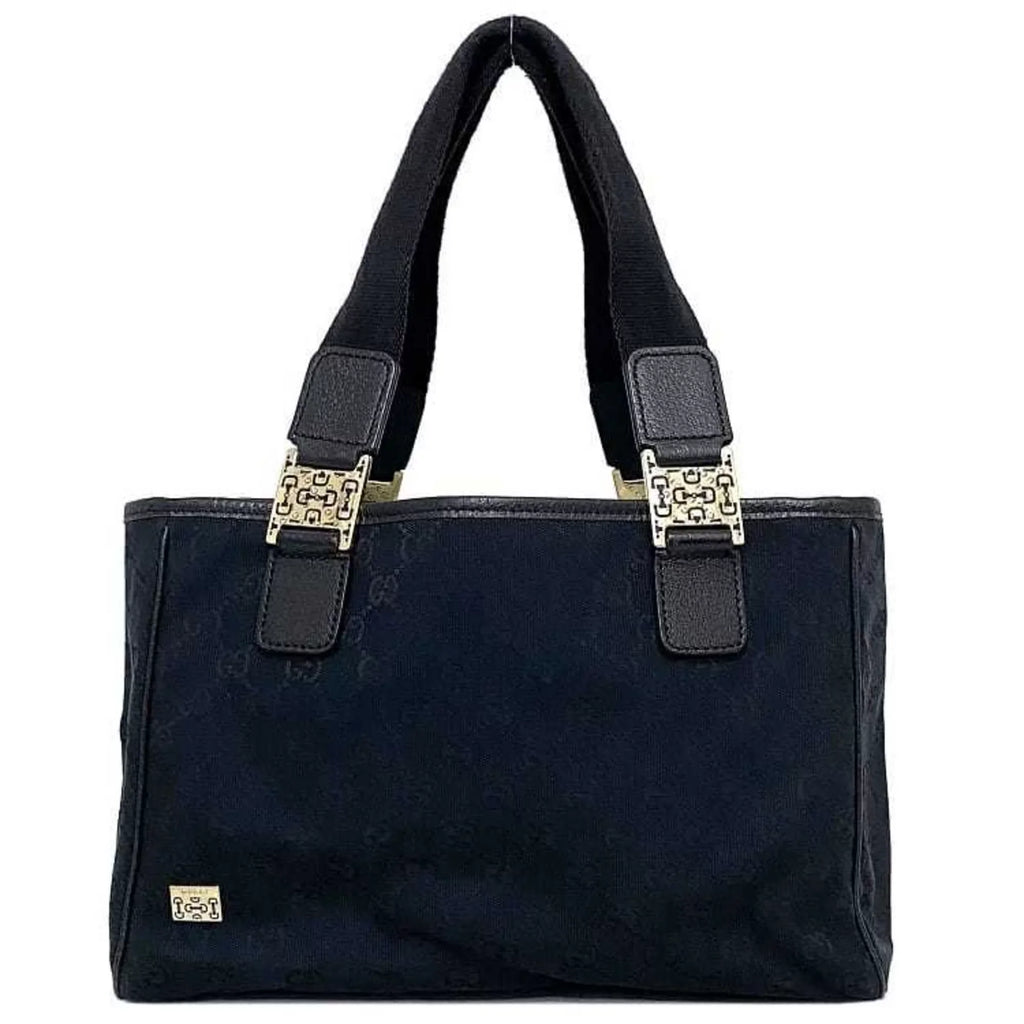 Horsebit Canvas Bag 145810 Tote (Good) Handbag Leather Silver Black Pre-Owned Ladies