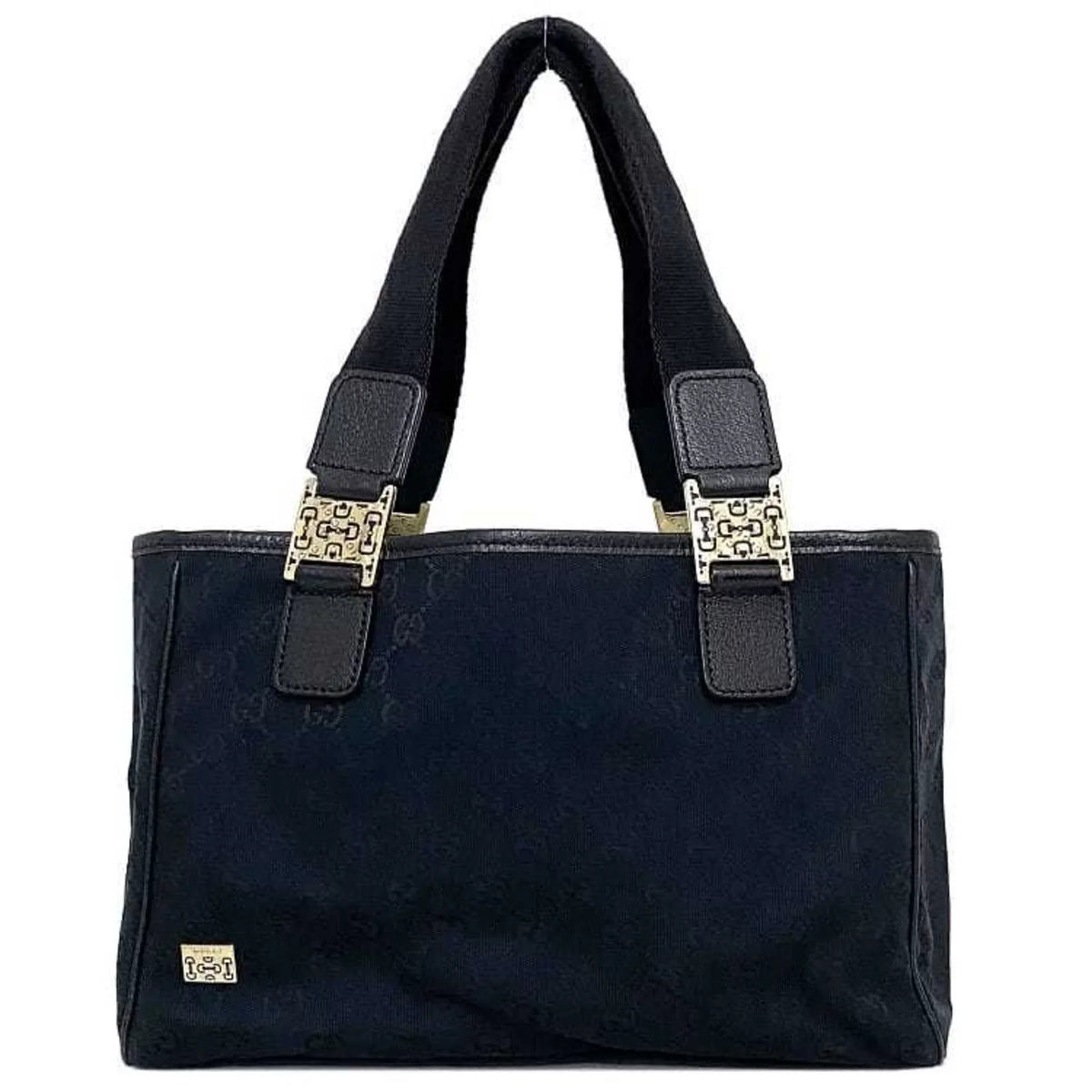 Horsebit Canvas Bag 145810 Tote (Good) Handbag Leather Silver Black Pre-Owned Ladies