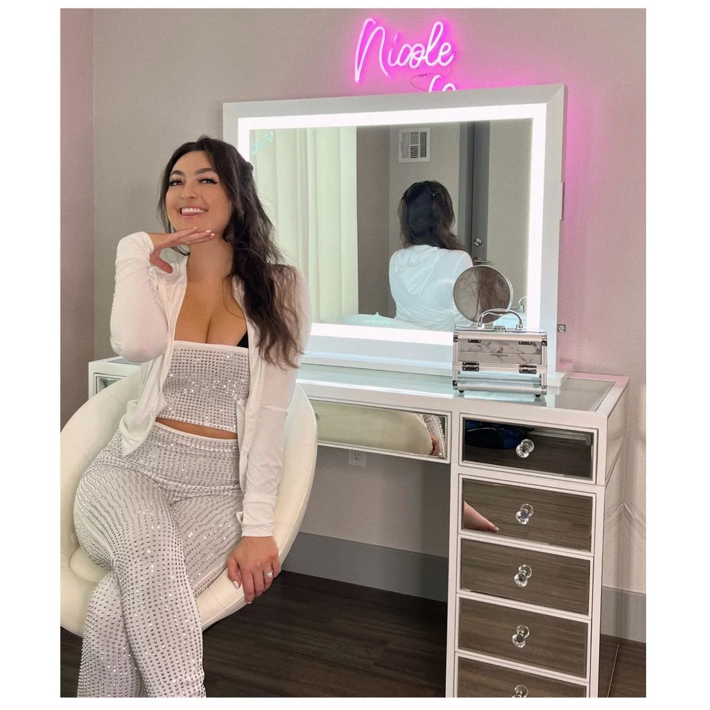 Dimmer Liane and Magnified V. Frame Speakers Vanity Makeup with Metal Desk Mirror with Mirror 3X for Pro Impressions Wall Mirror and Tabletop or Outer Lighted Switch, (White) Mount