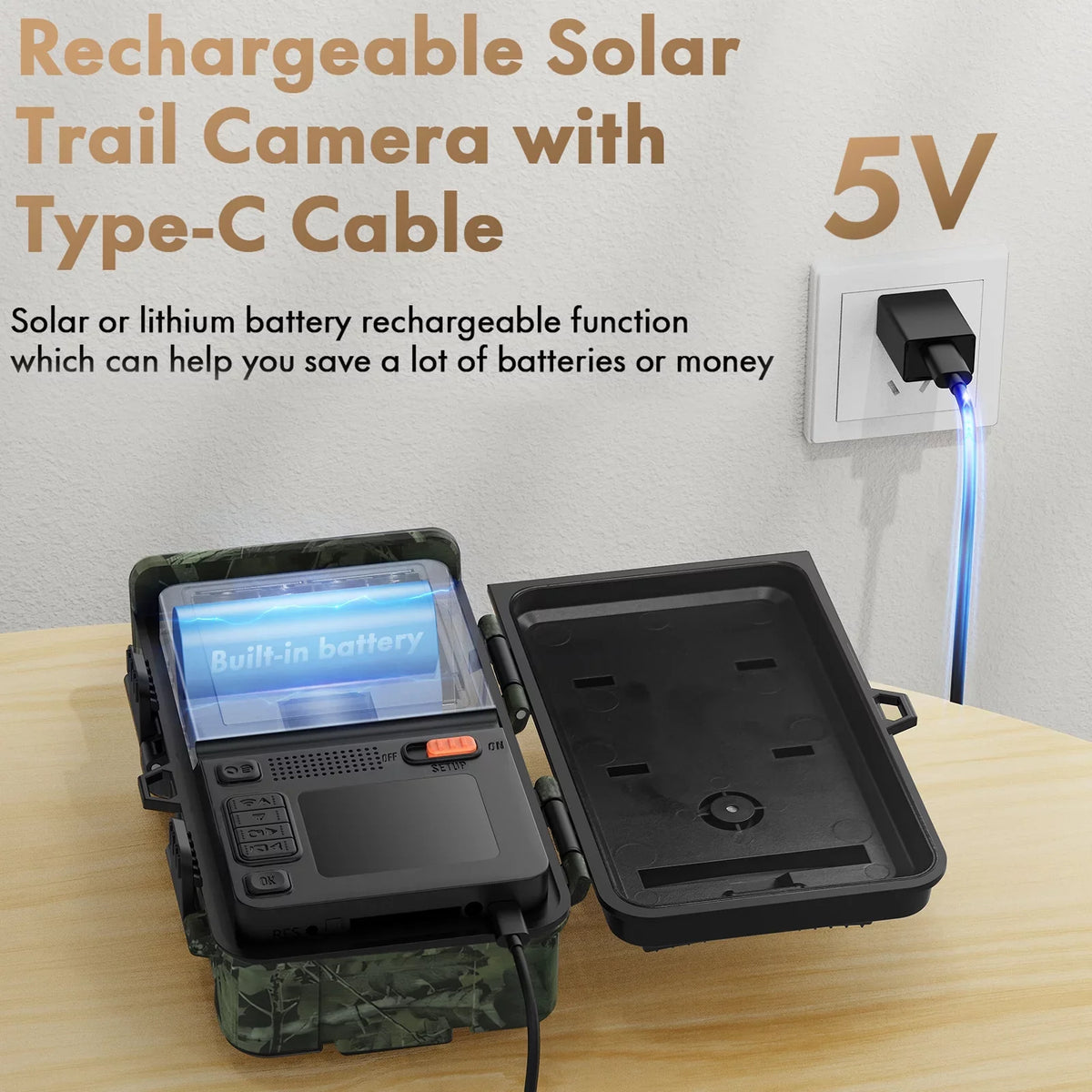 24MP Trigger 2500mAh Camera Motion Camera Battery Built-in Trail Cam 1080P with 120°Wide Vision IP66 Waterproof Hunting Activated Solar Speed 0.1s Night Lithium CAMPARK Game Angle Rechargeable