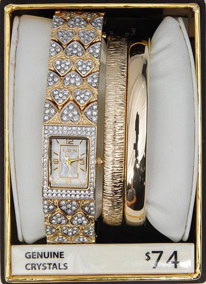 White Round Double Bangle Female Crystal (EG8012ST) Adult MOP Watch Gold-Tone Elgin Set
