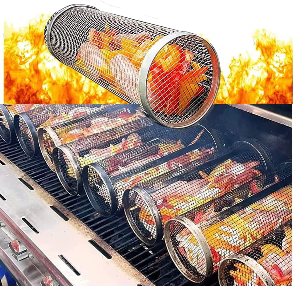 BBQ Camping Grilling Rack ，Portable 2PC Grilling Barbeque Griller Shrimp, Accessories Cooking BBQ Fish, Barbecue Vegetables, Basket Rolling exterior for Basket，Round