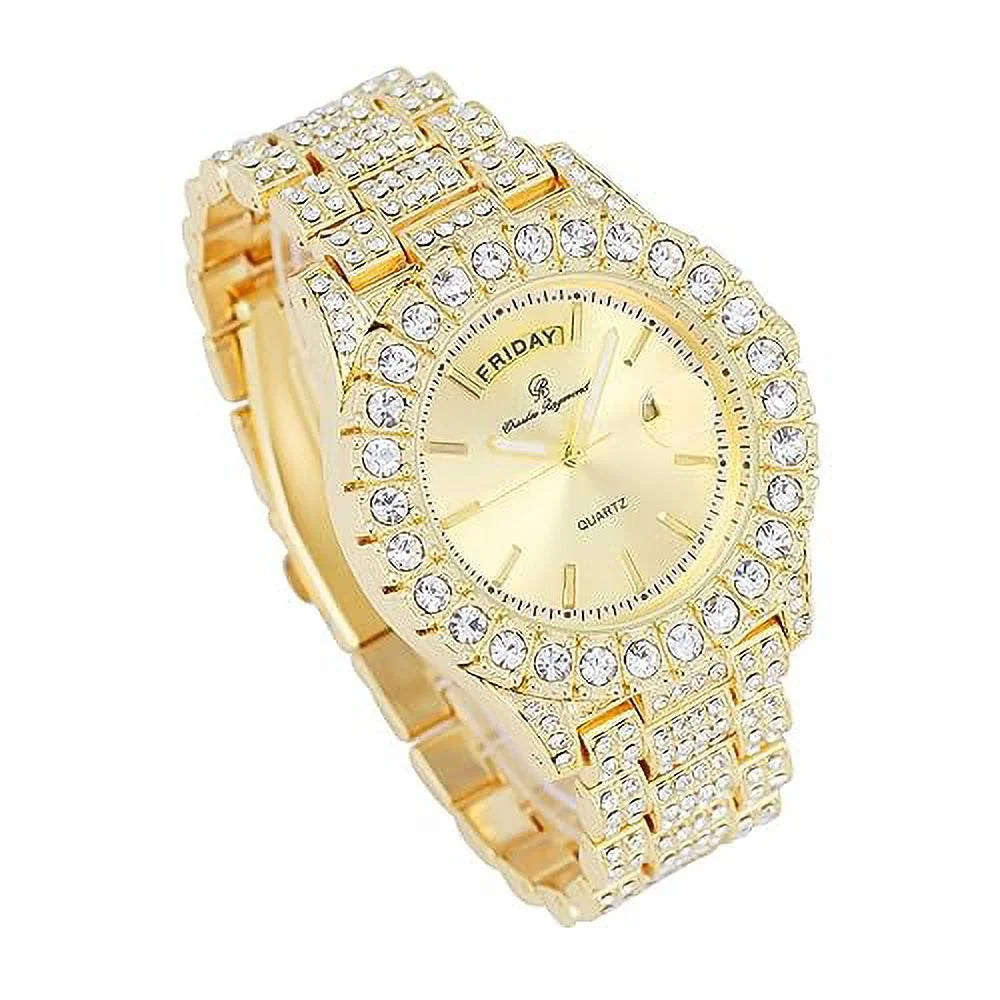 Hip ST10535 (ST10535-LN Blinged Raymond Out Gold) Hop Date Watch Read Diamond Designer &Day Mens - Rocks Timepiece and w/Easy Iced Dials- Out Colorful Fully Charles Big