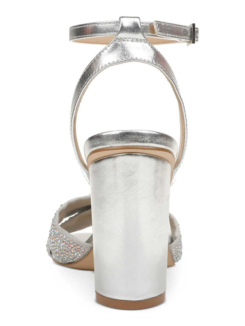 Silver Toe Nicoline outfit Womens 7.5 Heeled MISCHKA JEWEL Buckle Heel Sandal Metallic Adjustable Round Strap Ankle Block Twisted Strap Padded M BADGLEY Rhinestone Strap