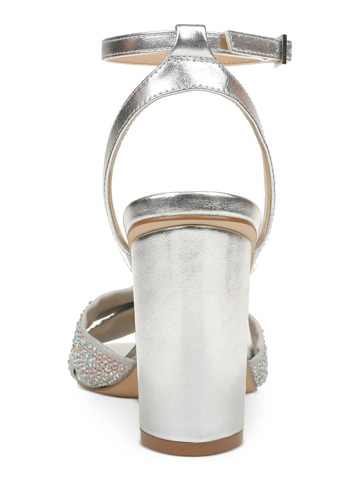Silver Toe Nicoline outfit Womens 7.5 Heeled MISCHKA JEWEL Buckle Heel Sandal Metallic Adjustable Round Strap Ankle Block Twisted Strap Padded M BADGLEY Rhinestone Strap
