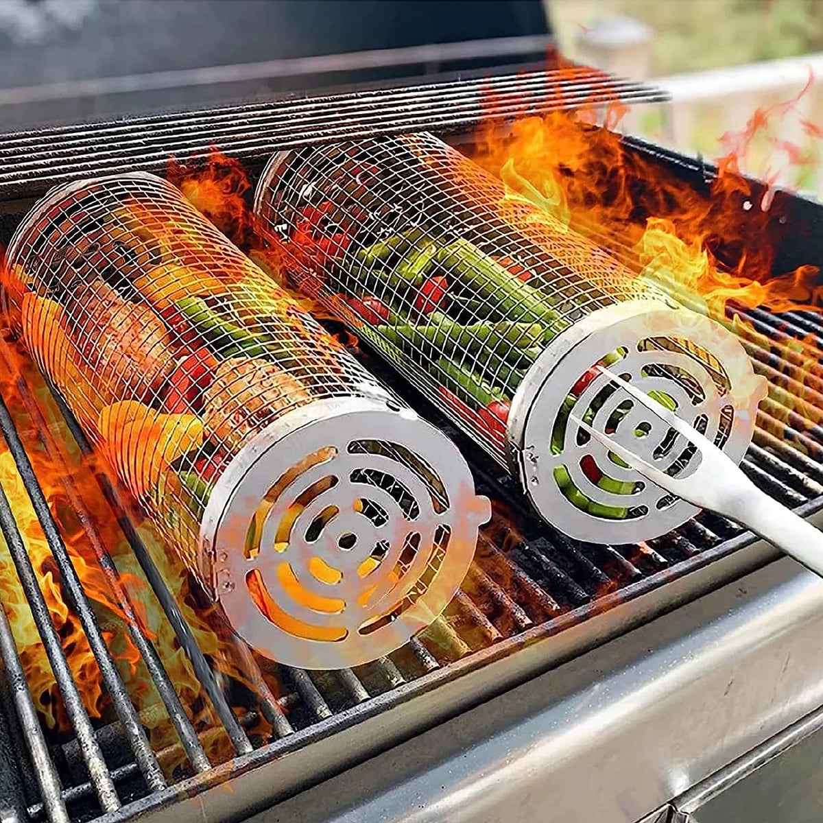BBQ Camping Grilling Rack ，Portable 2PC Grilling Barbeque Griller Shrimp, Accessories Cooking BBQ Fish, Barbecue Vegetables, Basket Rolling exterior for Basket，Round