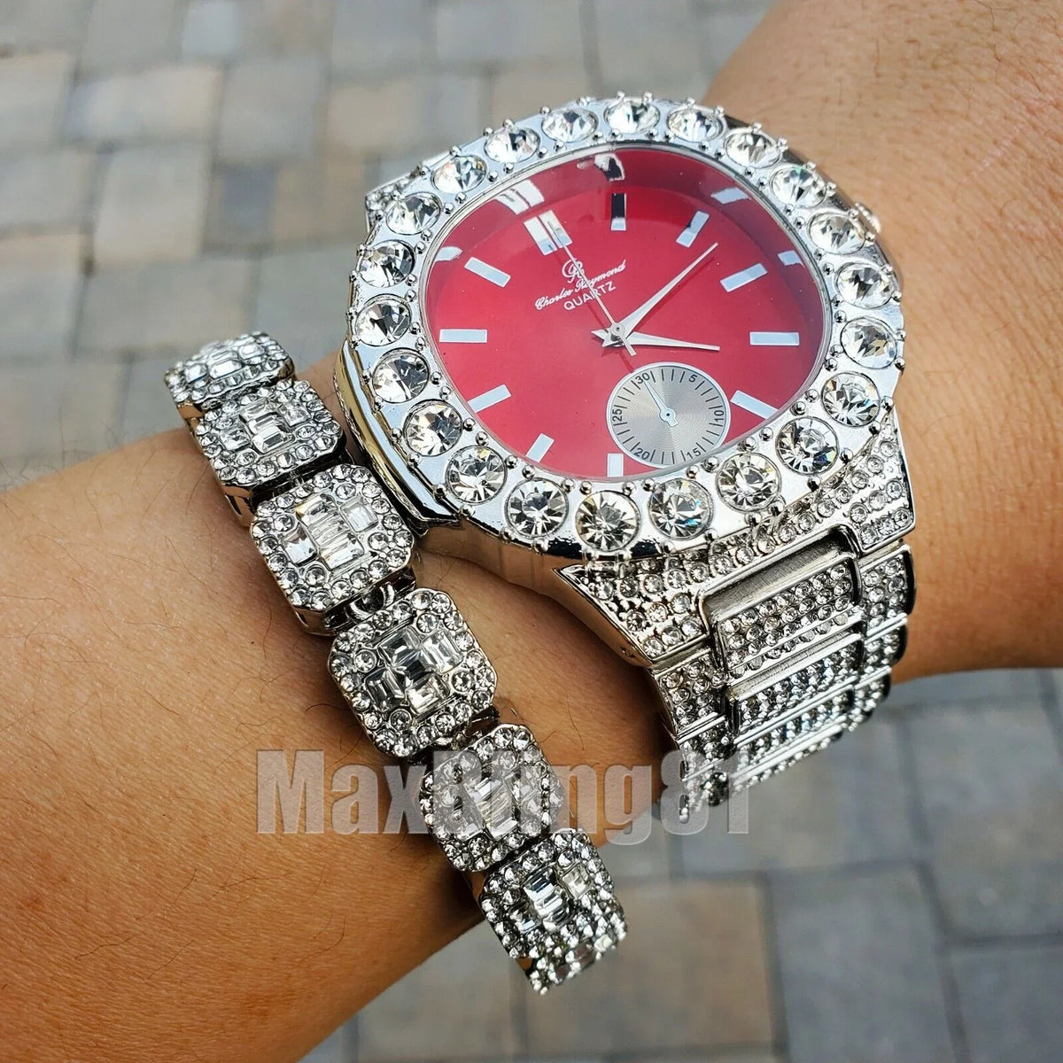 ICED PT STONE BRACELET HOP & WATCH HIP DIAL LUXURY BAGUETTE SILVER BLING RED