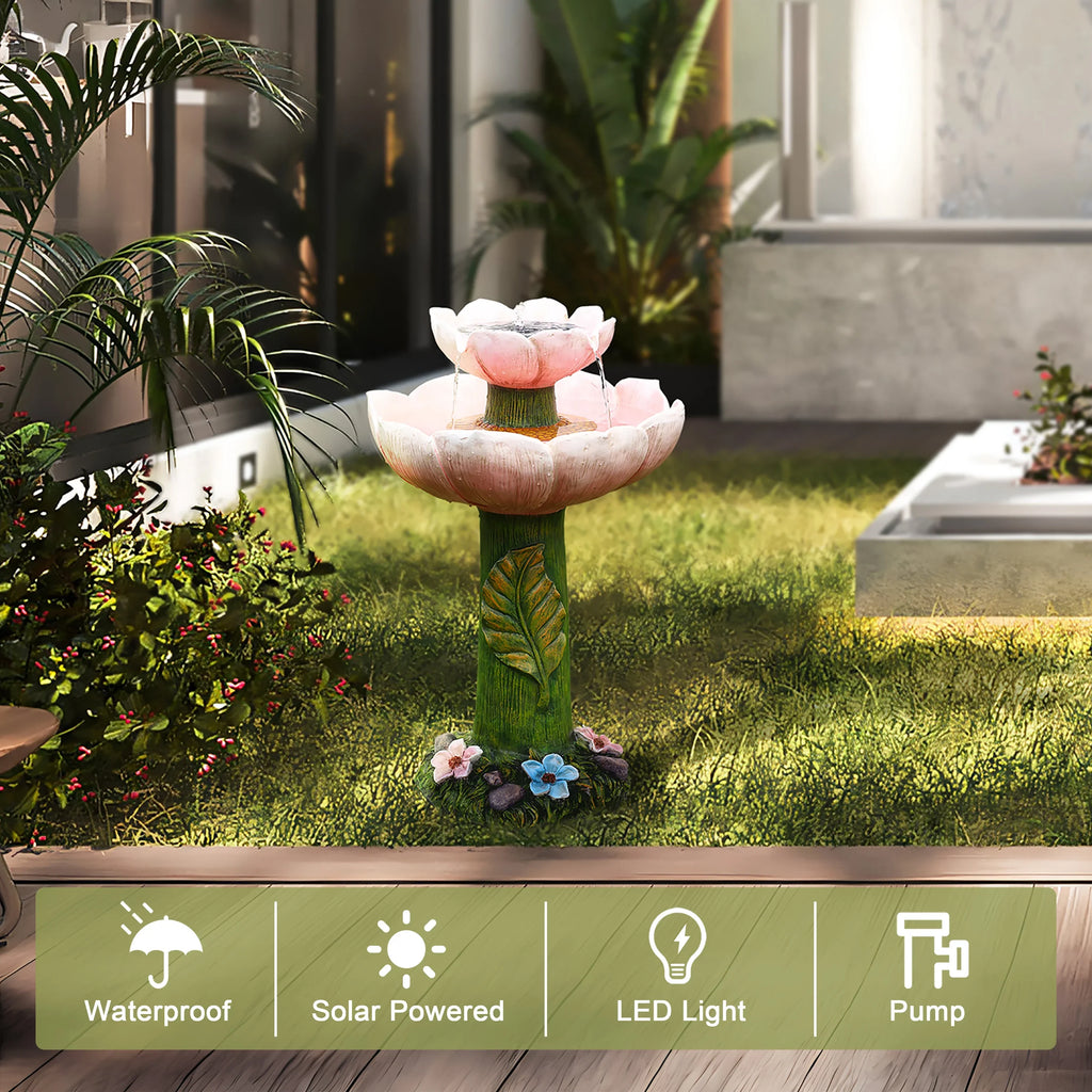 Powered 2-Tier Lights Birdbath Resin Pink LuxenHome Solar Flower Fountain with