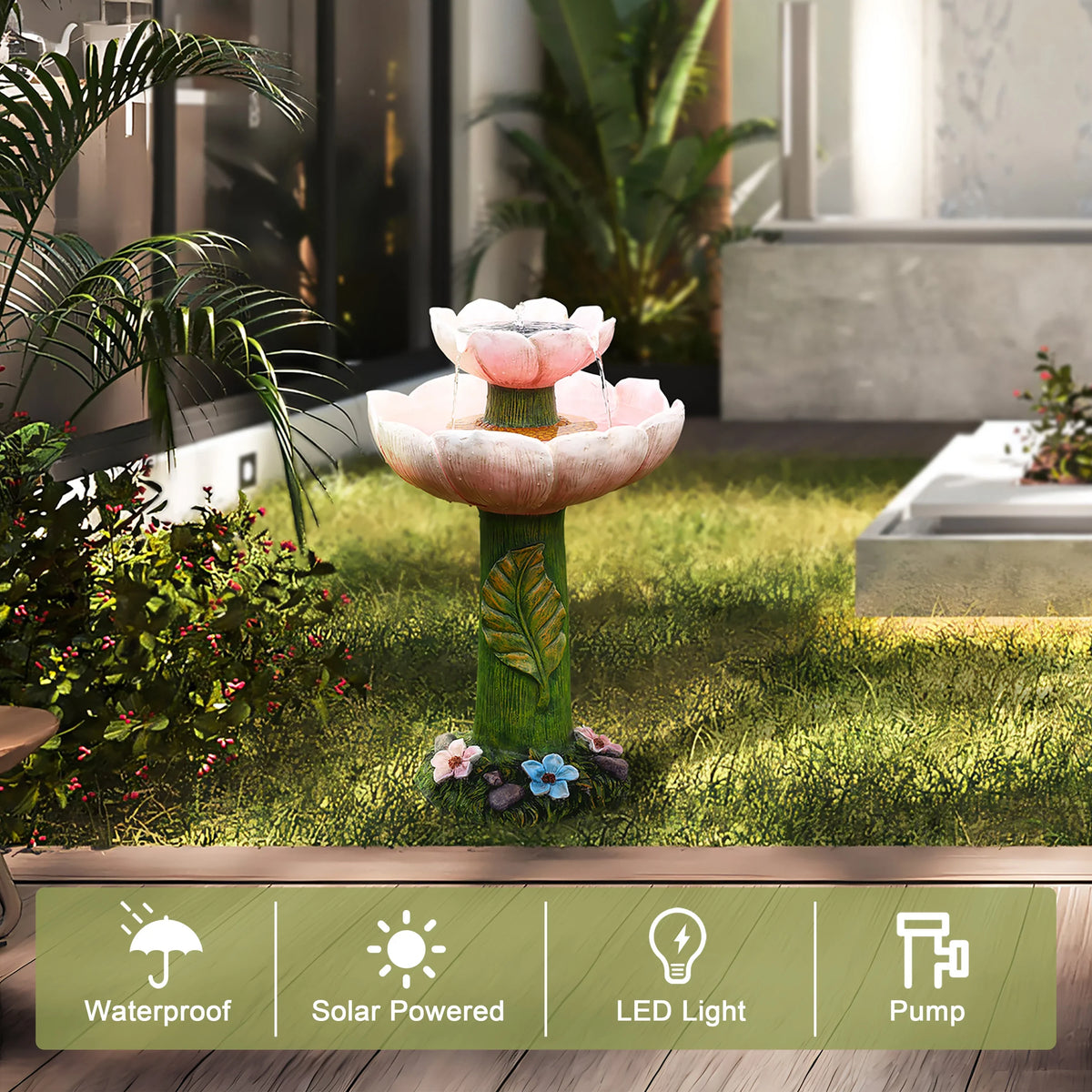 Powered 2-Tier Lights Birdbath Resin Pink LuxenHome Solar Flower Fountain with