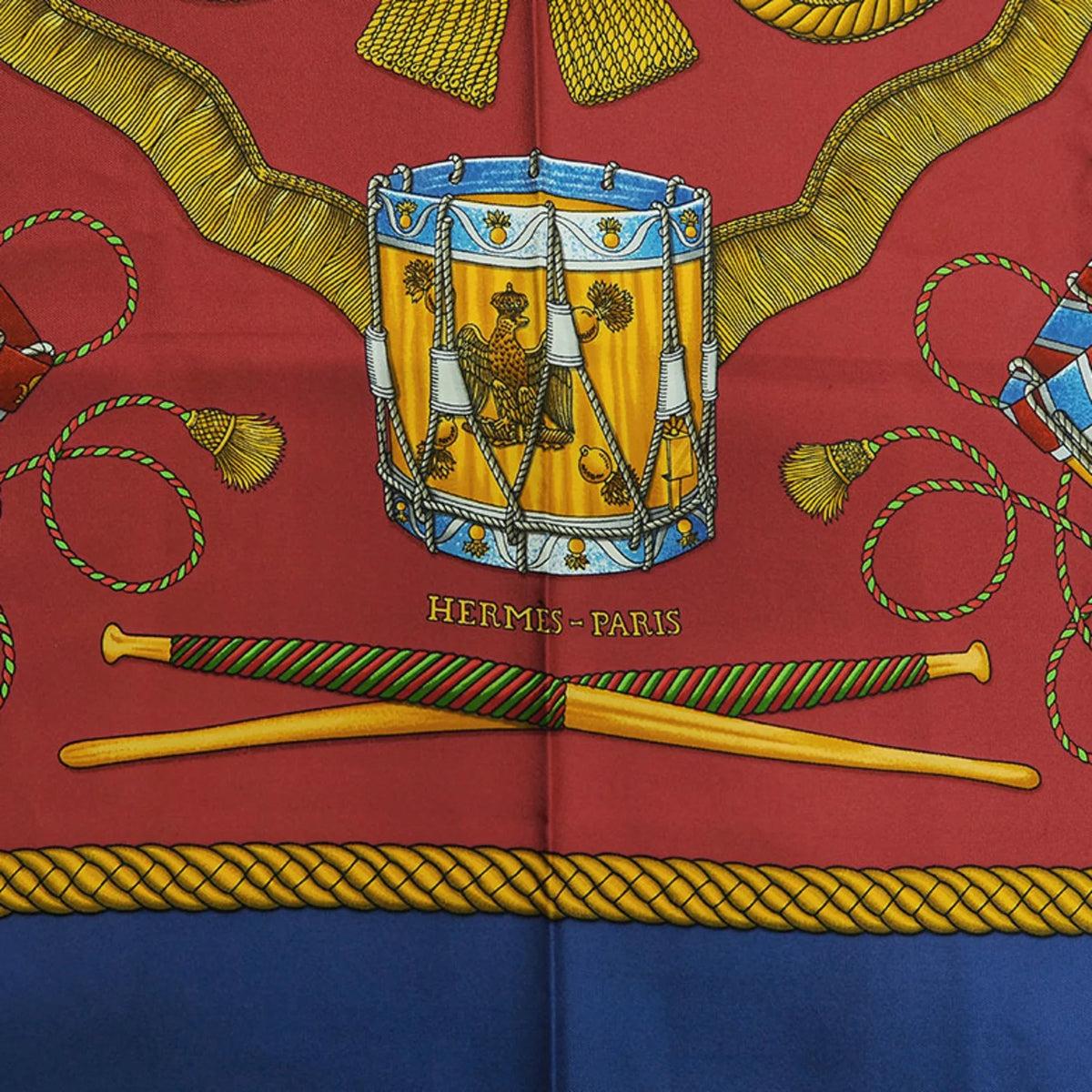 Carre TAMBOURS Taiko 90 Muffler Red Scarf Tambour LES HERMES Blue (Good) Pre-Owned Hermes x
