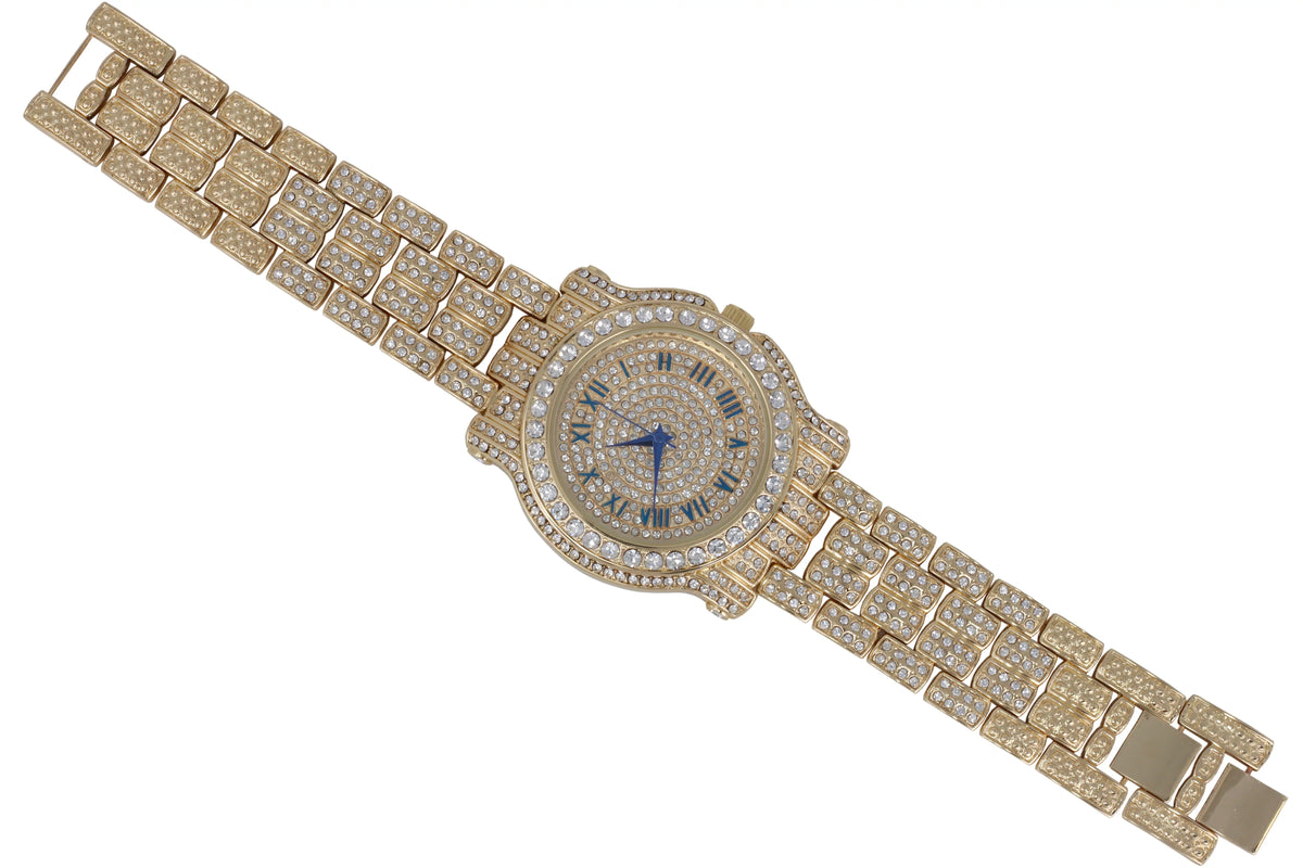 Cuban BR and - Bracelet Set(11,Gold Luxury Ring Out King #Blue) Bling-ed 3pc Set Iced L0504 Out Mens w/Bling-ed Round Watch