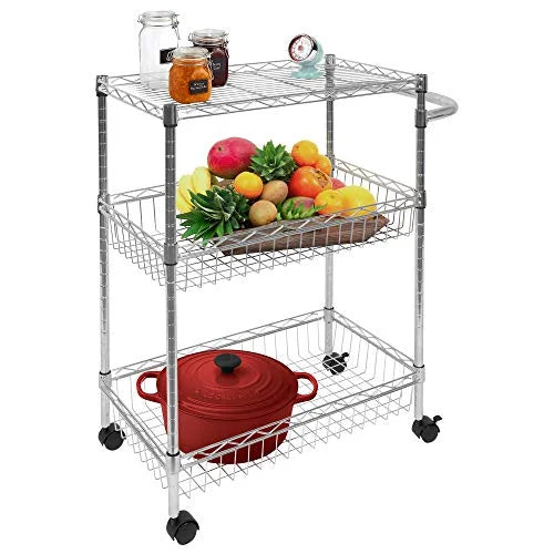for Organization | Mesh Storage and Silver Storage 3-Tier Wire and | Handle Metal Kitchen Cart Multi-Function Rolling with Heavy-Duty Wheels Mount-It! Cart Trolley |
