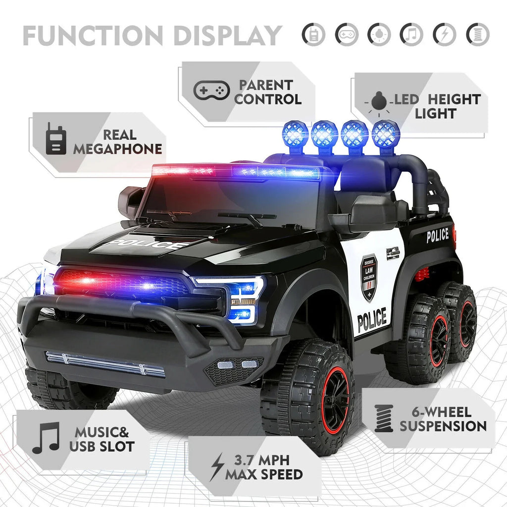 with 6 Toy 12V Ride on Control Kids Police (Black) Remote JOYLDIAS Car Wheels
