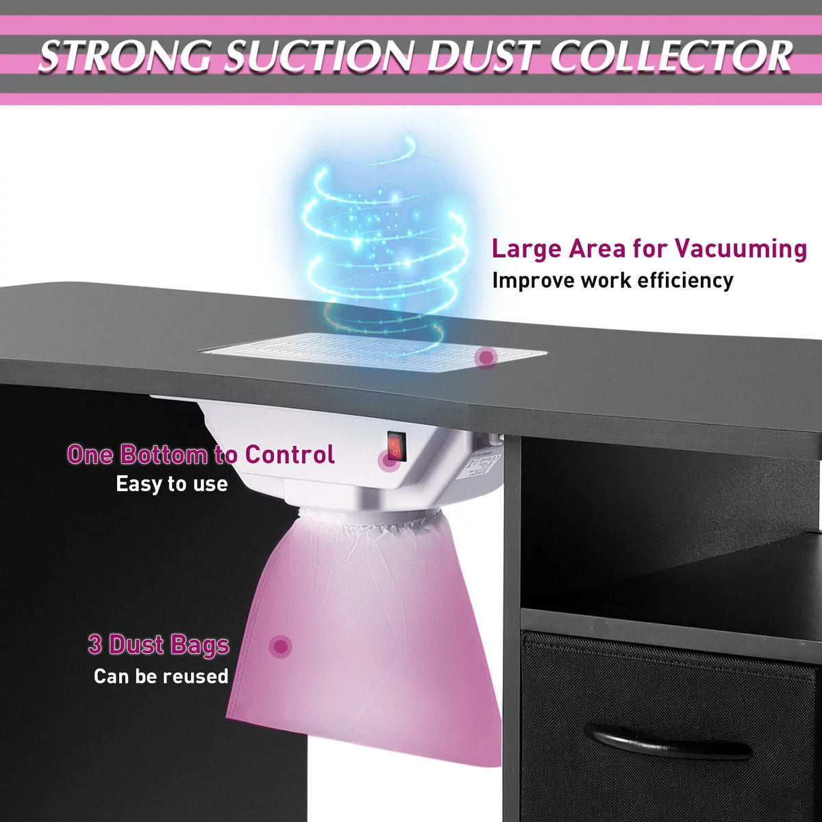 Hand Electric Station Artist Wrist Cushion, Wheels, Drawers, with Lockable Shelves Table Beauty Nail Black Manicure Desk Downdraft Vent,