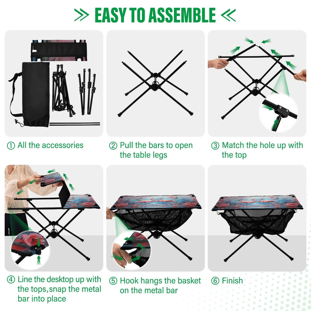 Fishing Table Camping Hiking Flamingos Table for Portable Picnic Flowers Storage with Bag Foldable Beach and Table BBQ exterior Compact