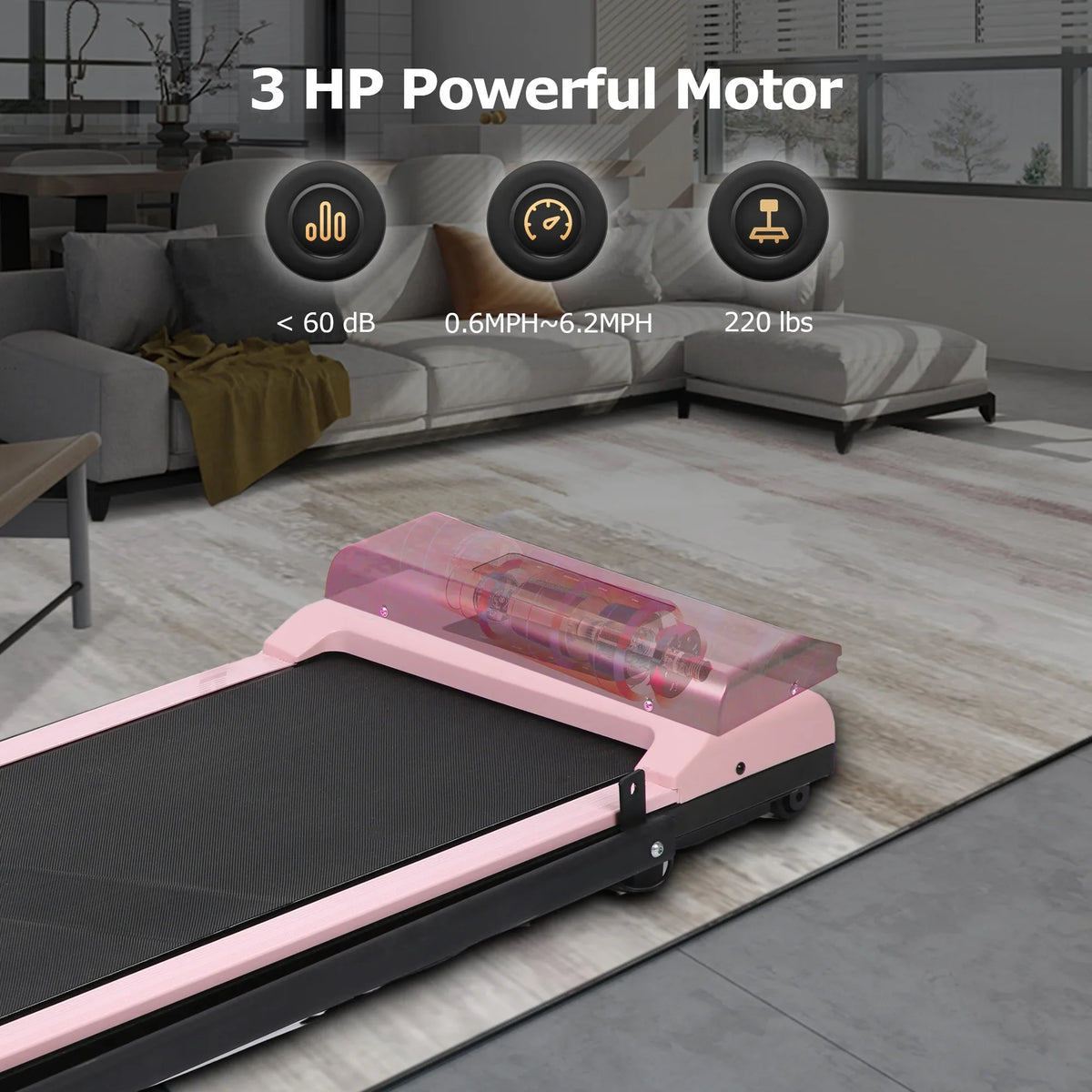Display, 1, Treadmill in Ultra Walking 2 Pink Portable Capacity Remote 3.0HP Installation-Free Home, Desk for - Under 220 Pad BITOUSHI Lb Control, LED with Small Quiet & Treadmill Office &