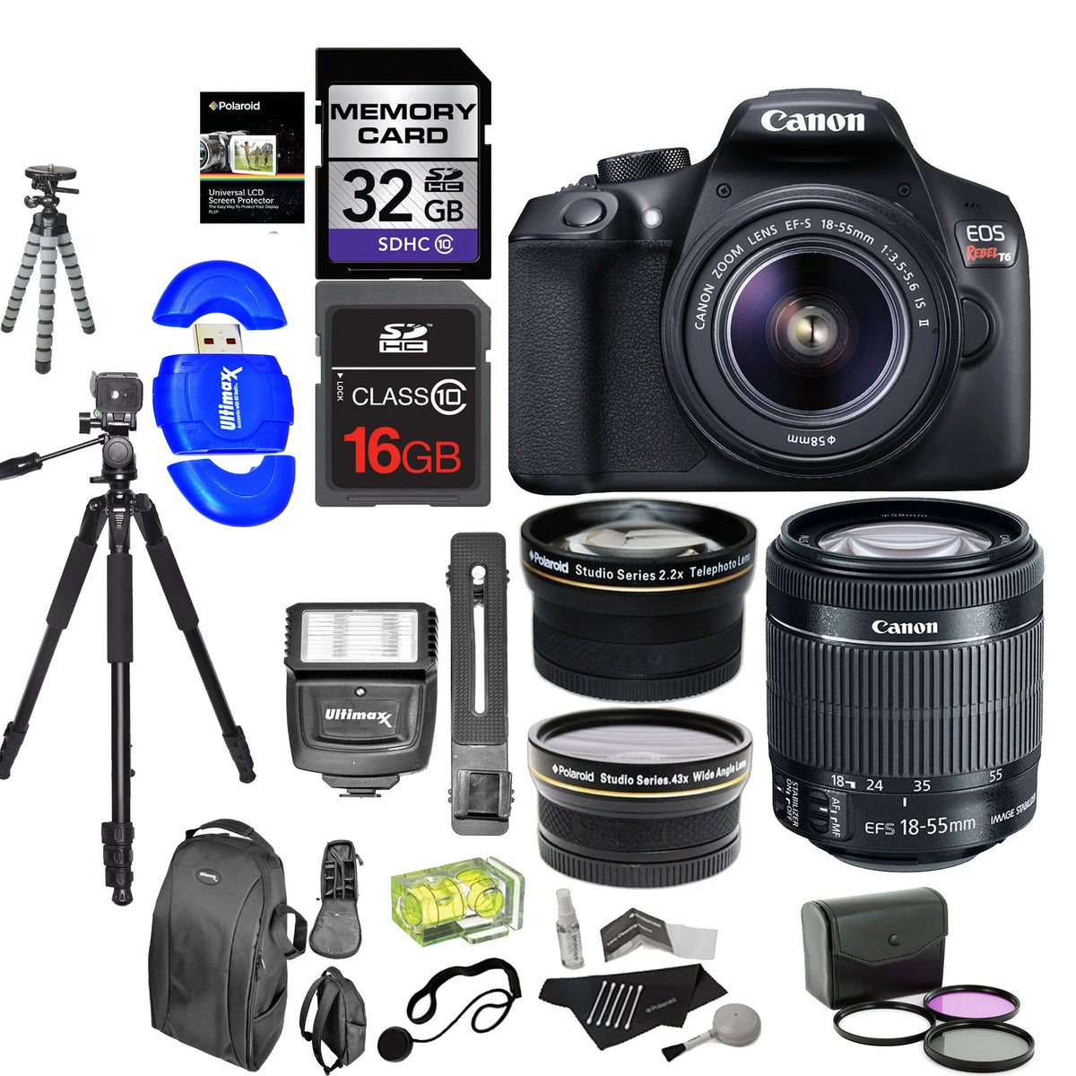 Angle Bundle + + Polaroid HD Tripods & with Telephoto Kit Lens 2.2X & SLR Digital 18-55mm Cards 50" EF-S EOS Camera Canon IS T6 + Super 8" f/3.5-5.6 Wide II Rebel Polaroid Accessory .43x Lens Memory +