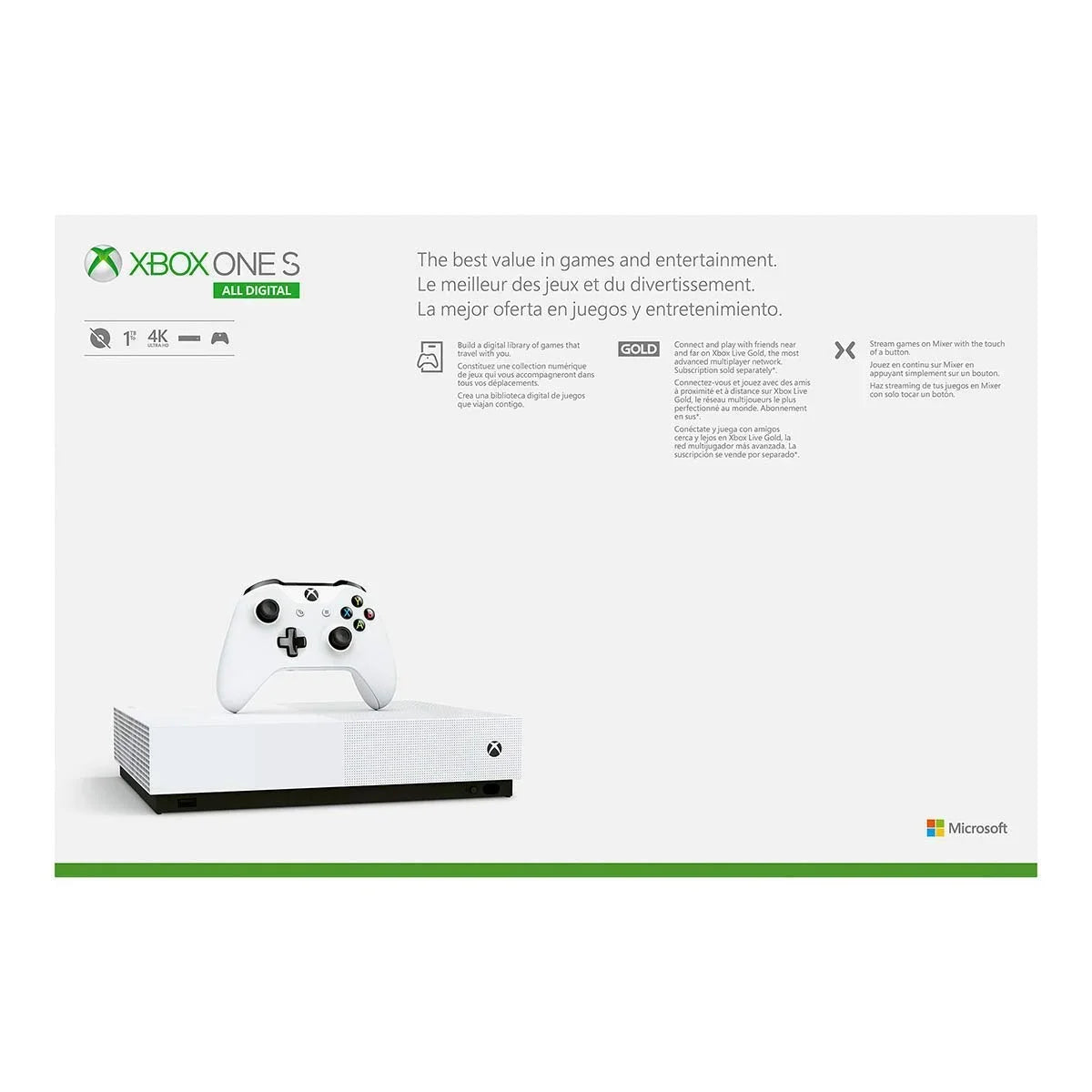 (Disc-free Controller gaming) Xbox Digital Wireless All One S - Edition One with Xbox White Used 1TB - US/Canada