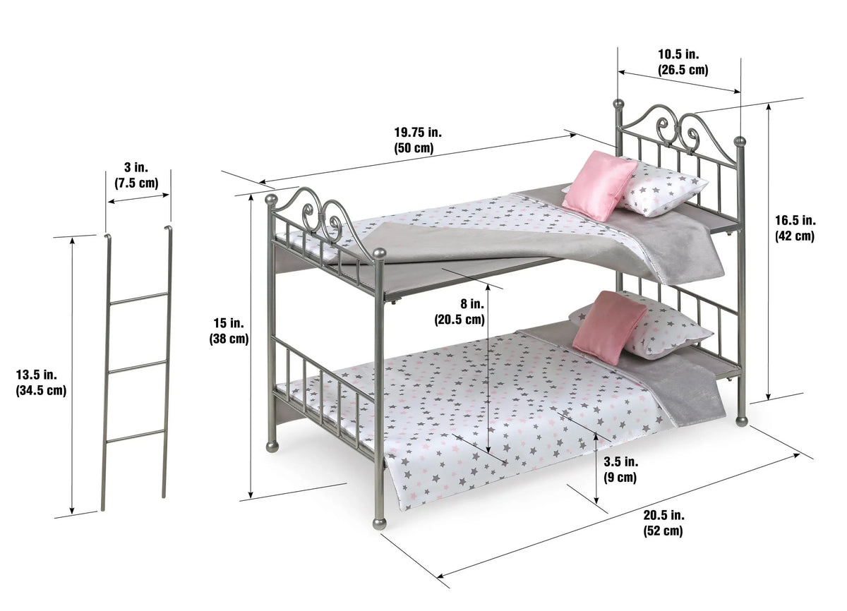 Bed - Metal Dolls Ladder, Bunk Scrollwork Basket inch Silver/Pink 18 Badger for with Bedding