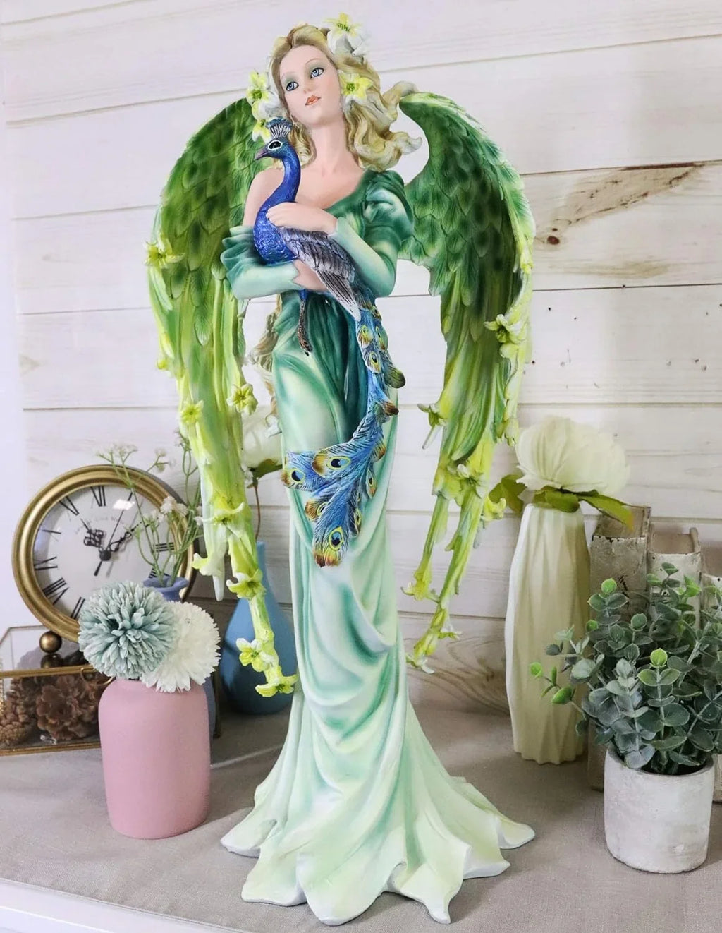 Collectible Green 21" Mother Faries Garden FAE Statue Peacock Decorative Magic Figurine Fairy Iridescent DIY Train Tall Faery Fantasy Large Pixie