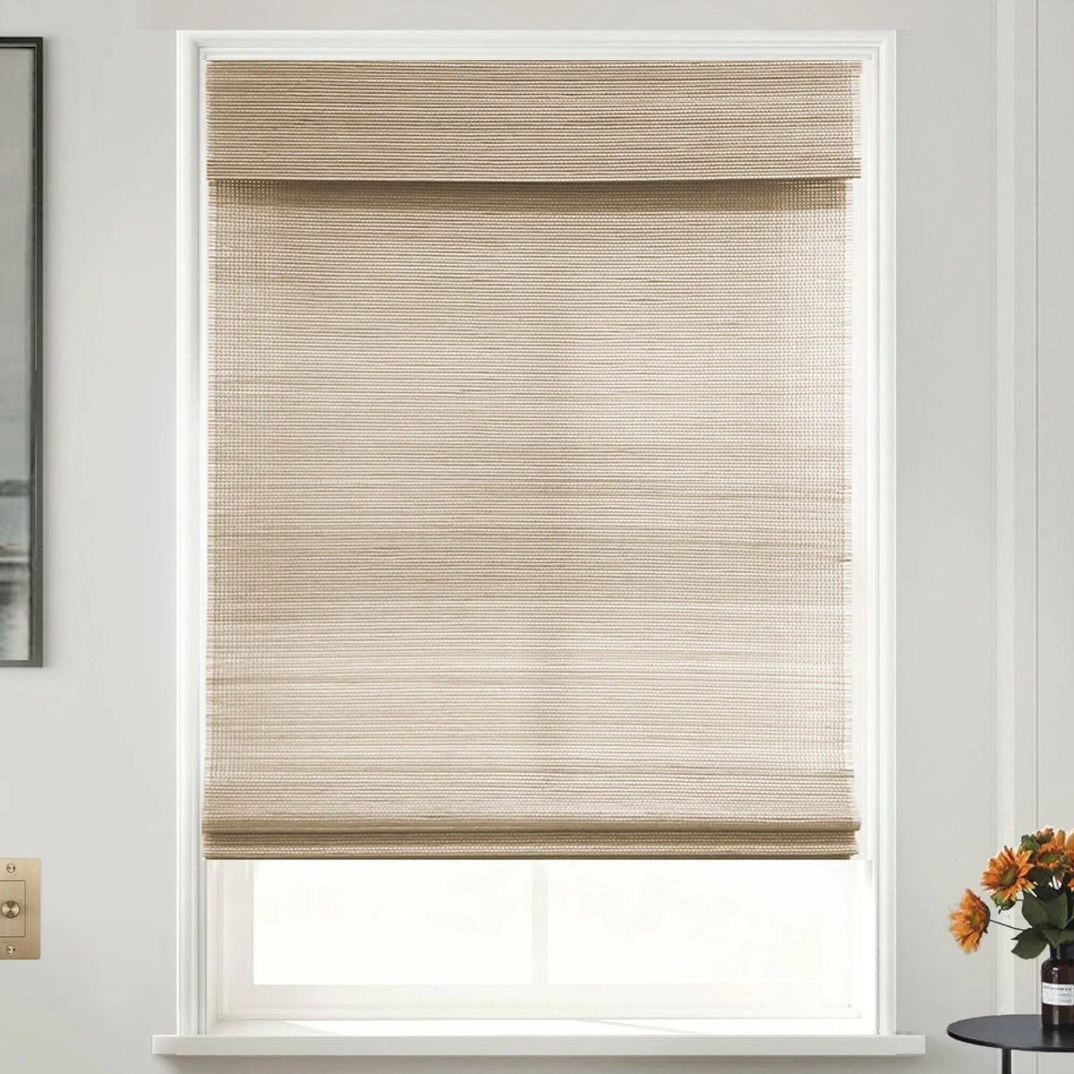 Windows (Sheer) MOOD | Bamboo Cordless Woven Custom Natural 72"H | Shades for WOVEN Hickory 34.5"W Woven | Shades | Designer Roman Wood x Wood