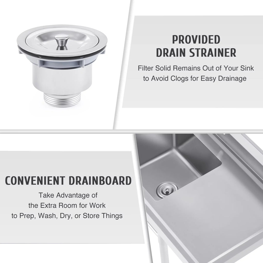 Steel w Backsplash Utility Drainboard Stainless Strainer for Kitchen Commercial Sink Wilprep Bar