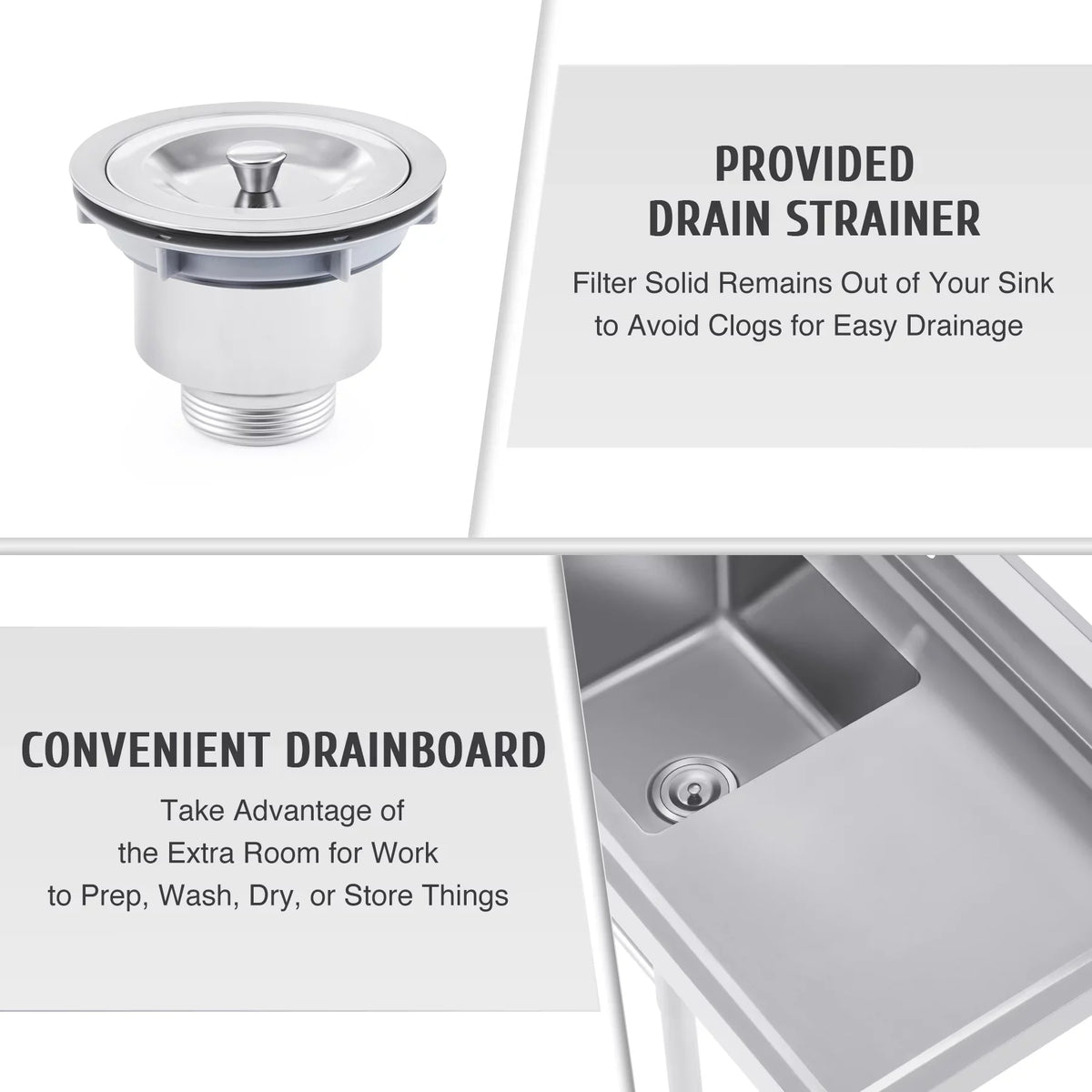 Steel w Backsplash Utility Drainboard Stainless Strainer for Kitchen Commercial Sink Wilprep Bar