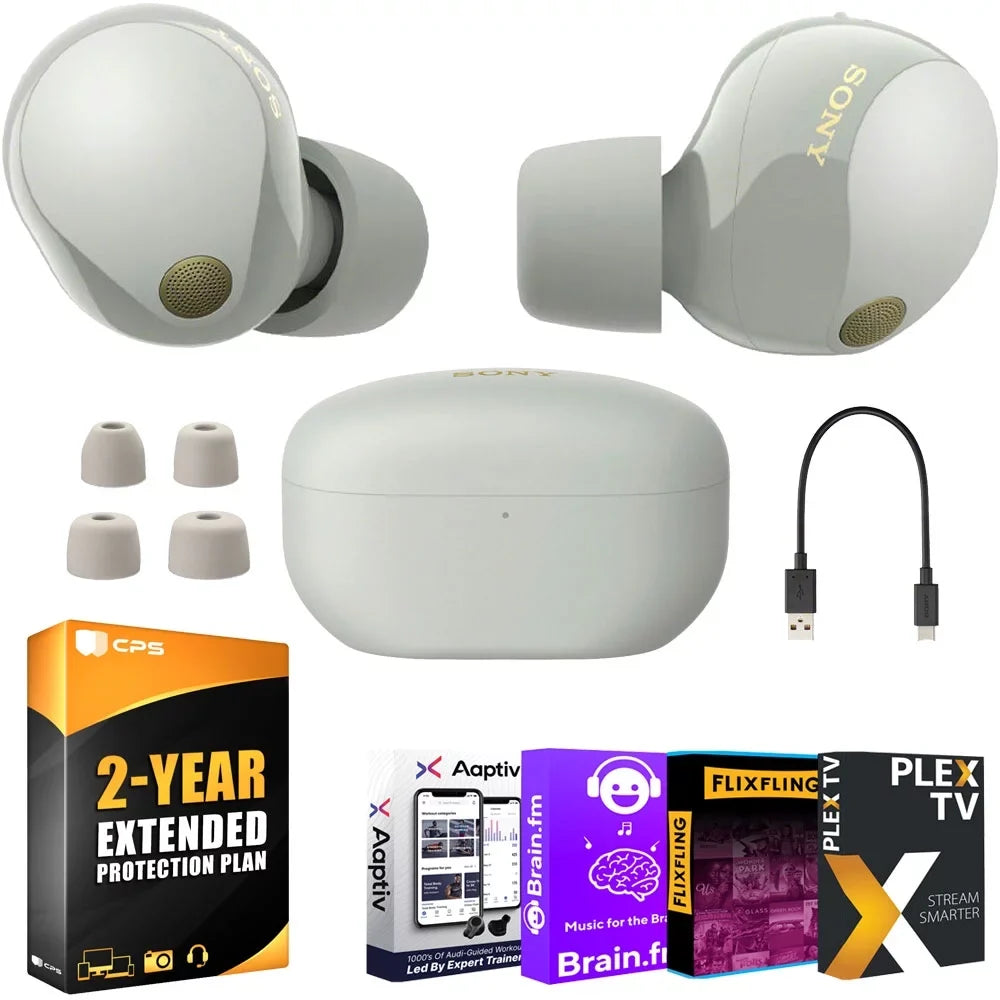 Bundle Warranty WF-1000XM5 Earbuds Noise (Silver) 2 YR Canceling Wireless with