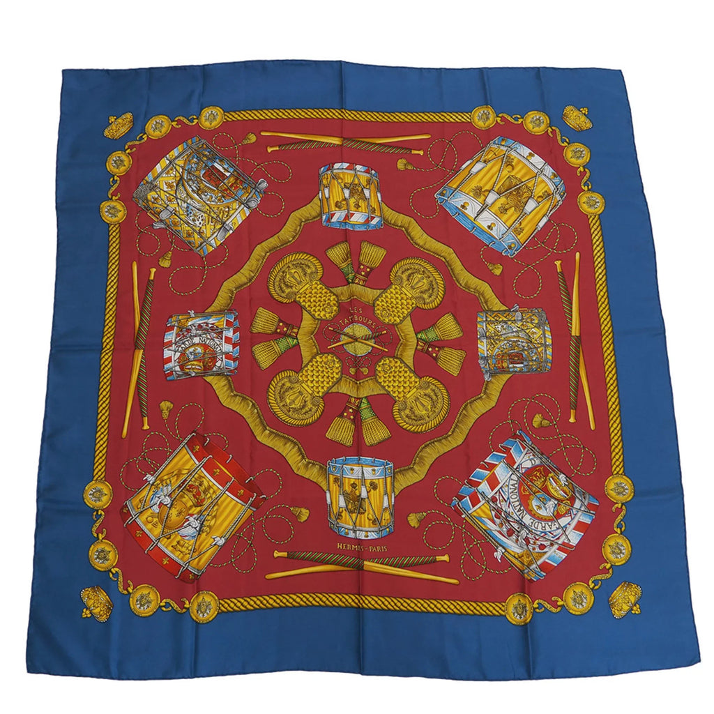 Carre TAMBOURS Taiko 90 Muffler Red Scarf Tambour LES HERMES Blue (Good) Pre-Owned Hermes x