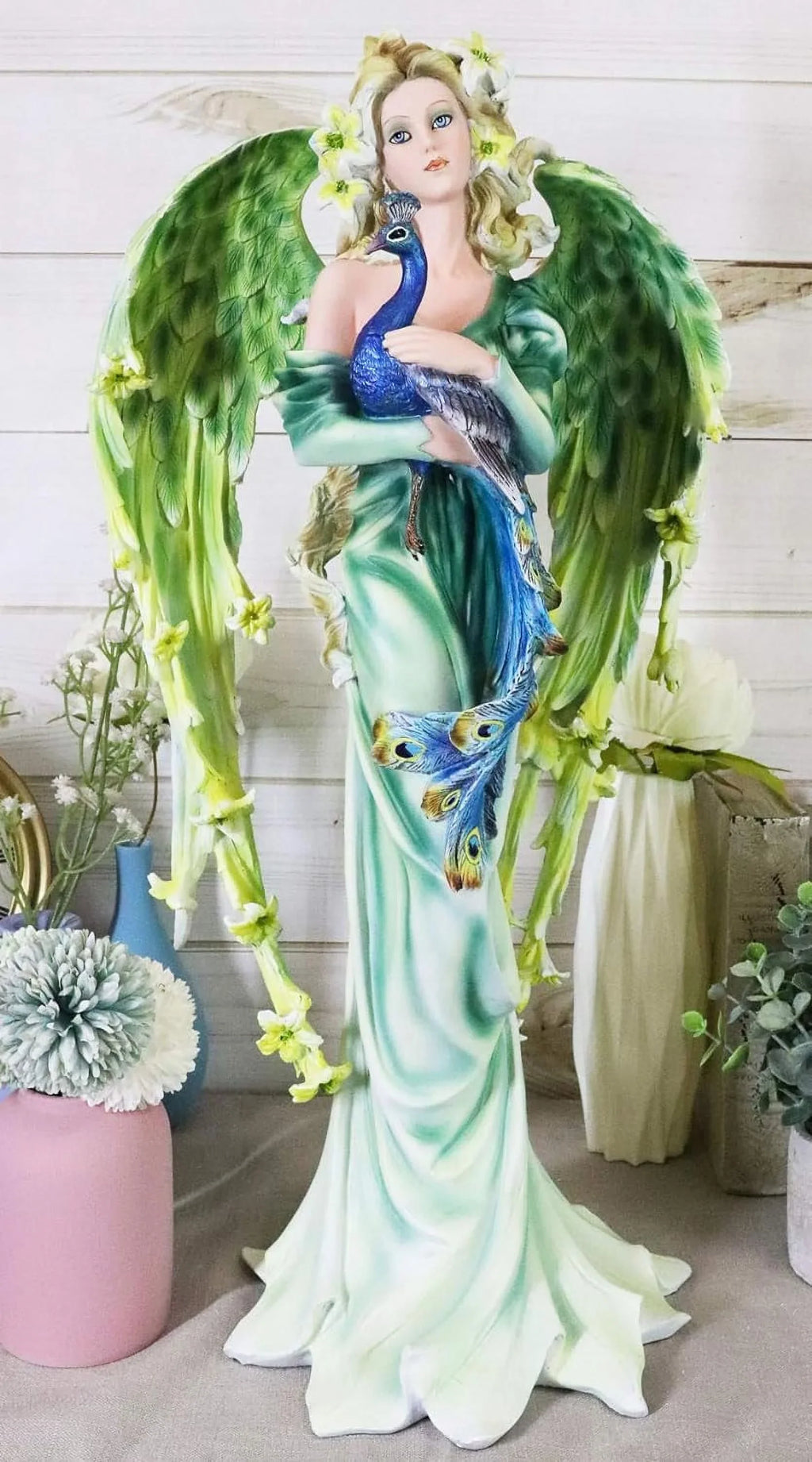 Collectible Green 21" Mother Faries Garden FAE Statue Peacock Decorative Magic Figurine Fairy Iridescent DIY Train Tall Faery Fantasy Large Pixie