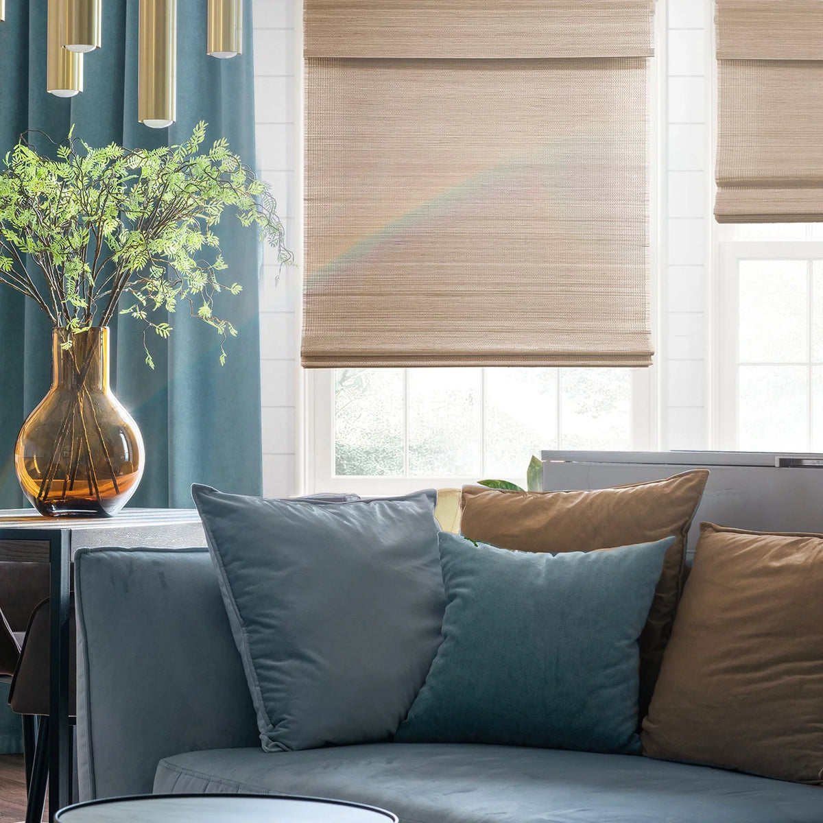 Windows (Sheer) MOOD | Bamboo Cordless Woven Custom Natural 72"H | Shades for WOVEN Hickory 34.5"W Woven | Shades | Designer Roman Wood x Wood