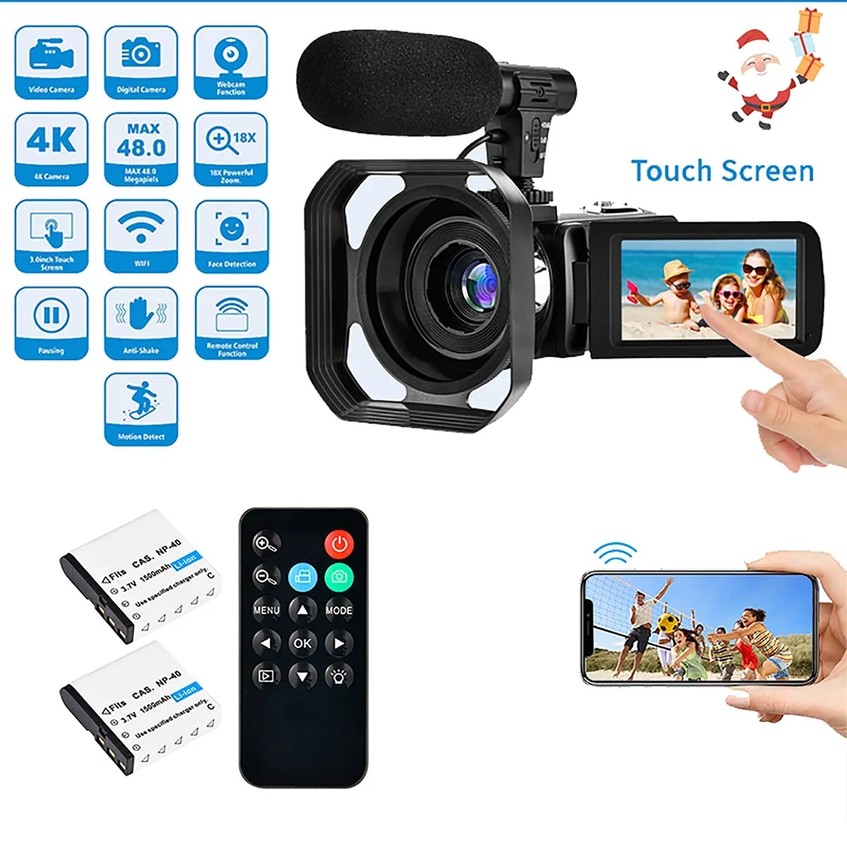 Touch Ultra Control Remote for & Microphone Camera 48MP Vlogging Camera 4K HD IPS with Video Youtube 3.0" Wifi Digital Camcorder Screen Camera