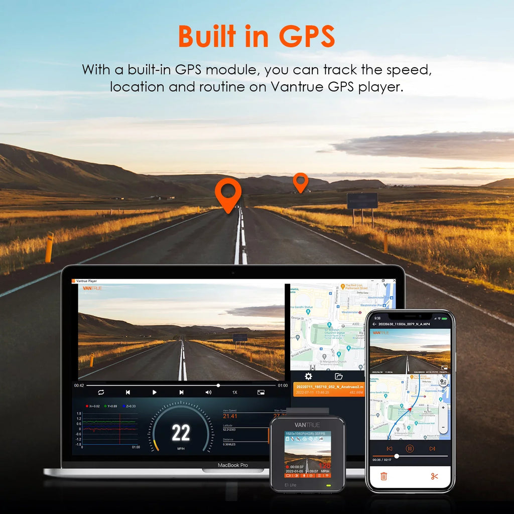 Control Wide Cam System, GPS Vantrue (E1 Dash W with G-Sensor, Angle, 160° Dual Car Voice 1080P, Parking Mini Support Compact 24/7 512GB WiFi Max Lite) Mode, camera 1920 X